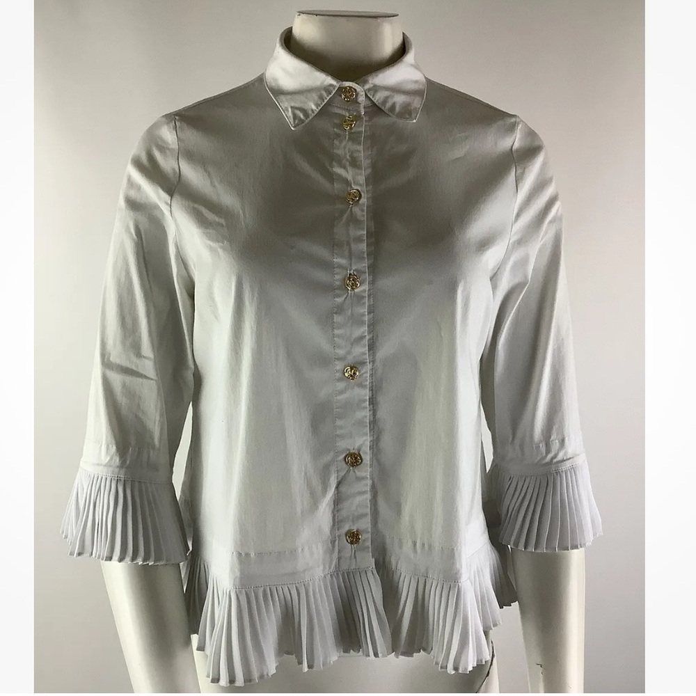 IC By Connie K Sz M Pleated Trim Button Blouse White Cotton Spandex Collared
